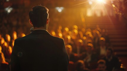 Backview of a Stylish Young Businessman in a Dark Crowded Auditorium at a Startup Summit, Young Man Talking to a Microphone During a Q and A session, Entrepreneur Happy with Event Speaker