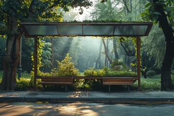 empty bus stop on summer day. A glass bus stop with a bench against the background of trees during the day. Stop without people.