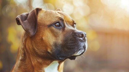Fototapeta premium Brown dog with thoughtful expression against blurred autumnal background