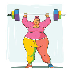 Curvy woman weightlifting exercising colorful outfit. Plus size female lifting barbell workout fitness motivation. Body positivity athlete gym training strength barbell weights