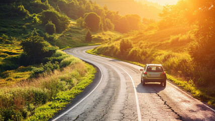 Car driving on curved road amidst greenery during sunrise