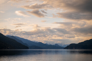 Harrison Lake and the Coast Mountain peaks of Mount Breakenridge of the Lillooet Range, near Harrison Hot Springs, British Columbia. The largest lake in the southern Coast Mountains of Canada.
