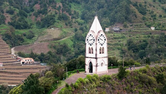 Chapel of Our Lady of Fatima on Madeira island, Portugal. Aerial dolly out shot