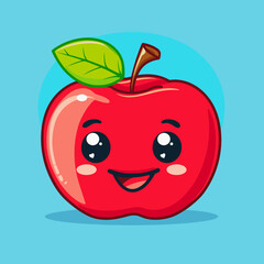 A cartoon red apple with a green leaf on top. The apple is smiling and has a happy expression