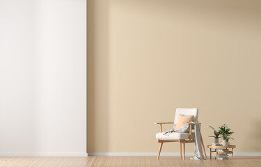 Empty wall mock up in Scandinavian style interior with wooden armchair. Minimalist interior design. 3D illustration.