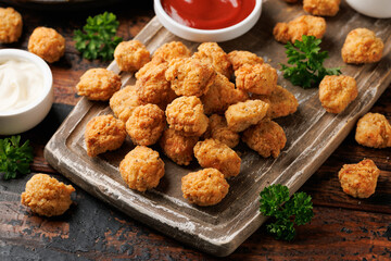 Crispy Popcorn Chicken with ketchup sauce on wooden board