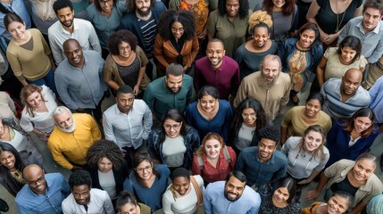 From directly above multi ethnic large group of people looking at camera. Concept of teamwork, democracy, pride, fair.