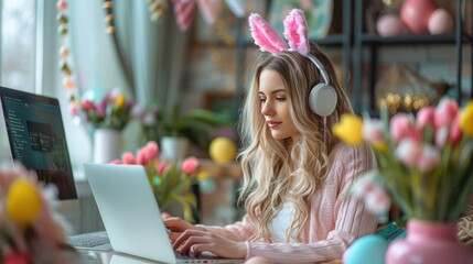 Businesswoman Working from Home Office with Bunny Ears Headphones and Easter Eggs in Background