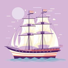 Sailing ship illustration purple background, vintage vessel sailing sea under full sails, maritime adventure theme. Detailed classic ship design, exploration travel concept, nautical clipart