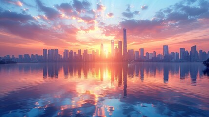 3D rendering of a modern city with glass buildings and skyscrapers at sunset, with reflections on the water surface.