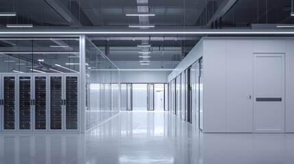 3D rendering of a modern server room with white walls and glass fronted cabinets containing high-performance computer workframes.