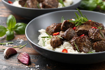 Garlic butter beef steak bites with rice