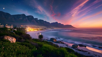 Cape Town Sunset over Camps Bay Beach with Table Mountain and Twelve Apostles in the Background
 - Powered by Adobe