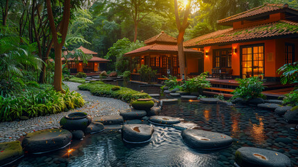 A beautiful resort with a traditional Asian design, surrounded by lush greenery and a tranquil river. The perfect place to relax and rejuvenate.