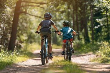 Two boys riding bicycles in the