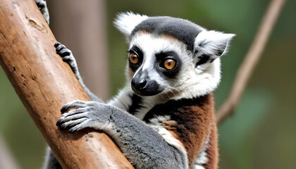Naklejka premium A Lemur With Its Tail Wrapped Around A Branch Usi