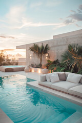 Fototapeta premium Outdoor pool area with modern furniture, surrounded by garden with tropical plants and trees