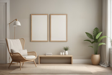 Poster frame mock-up in home interior background, living room in beige and brown colors,3d render