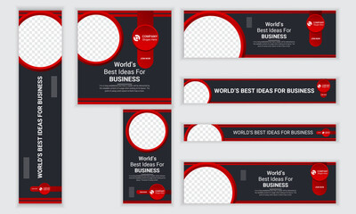 set of web banners of different sizes with diagonal red elements and a place for photos.