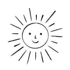 Smiling sun hand drawn vector illustration, kid's drawing chalk imitation, doodle funny face icon, crayon, textured brush image graphic element for card, children book, summer poster, vacation decor
