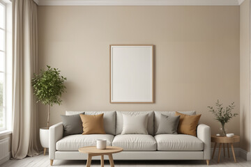 Poster frame mock-up in home interior background, living room in beige and brown colors,3d render