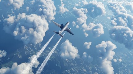Passenger plane is flying in the sky with a white smoke trail behind it, seen from above.