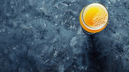 Glass of orange juice on textured blue background