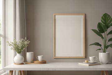 Poster frame mock-up in home interior background, living room in beige and brown colors,3d render