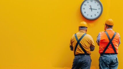 Two construction workers observing large clock on yellow wall