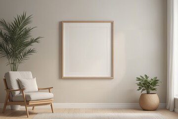 Poster frame mock-up in home interior background, living room in beige and brown colors,3d render
