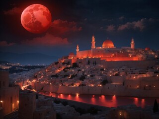 "The Red Moon's Embrace: Captivating Twilight Over an Ancient City"