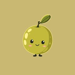 A cartoon character olive with a green face and a green body is standing on a green background. The character is smiling and he is happy