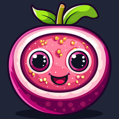 Obraz premium A cartoon Passion fruit with a smiling face and a green leaf on top. The fruit is pink and has a bite taken out of it