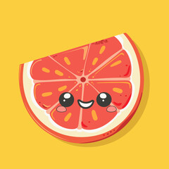 A cartoon drawing of a grapefruit with a smiling face. The drawing is bright and cheerful, with a yellow background