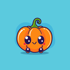 Obraz premium A cartoon pumpkin is smiling and waving. The pumpkin is orange and has a green stem. The pumpkin is in a cartoonish style and he is happy