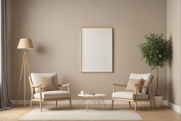 Poster frame mock-up in home interior background, living room in beige and brown colors,3d render