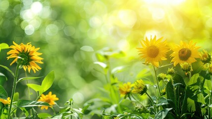 Obraz premium Sunflowers blooming vibrantly in sunlit field with bokeh background