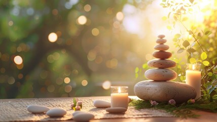 Zen stones stacked with lit candles and greenery in serene setting