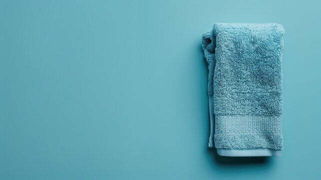 Blue towel folded neatly on blue background