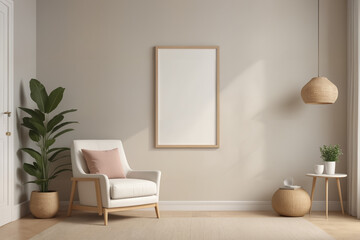 Poster frame mock-up in home interior background, living room in beige and brown colors,3d render