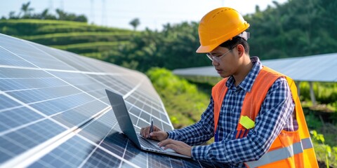 Skilled engineer working and analyze data by using laptop at solar cell. Professional technician and electrician working on computer while looking at electrical data and wearing safety helmet. AIG42.