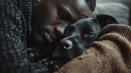 Black african american man cuddling his black dog at home, ai generated