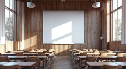 Realistic mockup of an empty white presentation screen in the front, sitting on top of wooden school desks and chairs, inside a modern university classroom.
