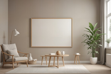Poster frame mock-up in home interior background, living room in beige and brown colors,3d render