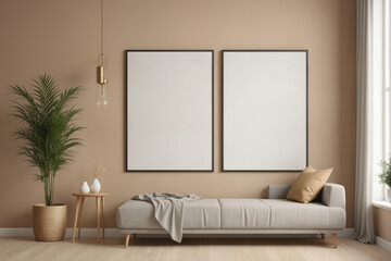 Poster frame mock-up in home interior background, living room in beige and brown colors,3d render