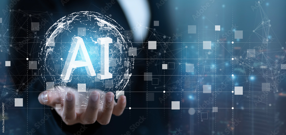 Poster ai, machine learning, hands of human touching on big data network connection, data exchange, deep le