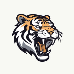 Fierce roaring tiger, detailed animal illustration, aggressive wild big cat. Strong tiger mascot snarling, sports team logo design, orange black white. Angry predator face, powerful feline head