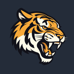 Fierce tiger head illustration dark background, angry tiger mascot design, graphic art fierce feline creature. Roaring head logo, sports team emblem, stylized face vector graphic. Powerful head
