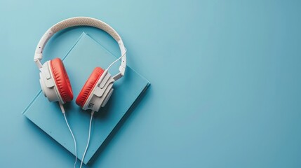 book and headphones on light blue background, Podcast or audiobook concept, Top view flat lay with copy space