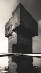Minimalist cement building, black and white, AI-generative